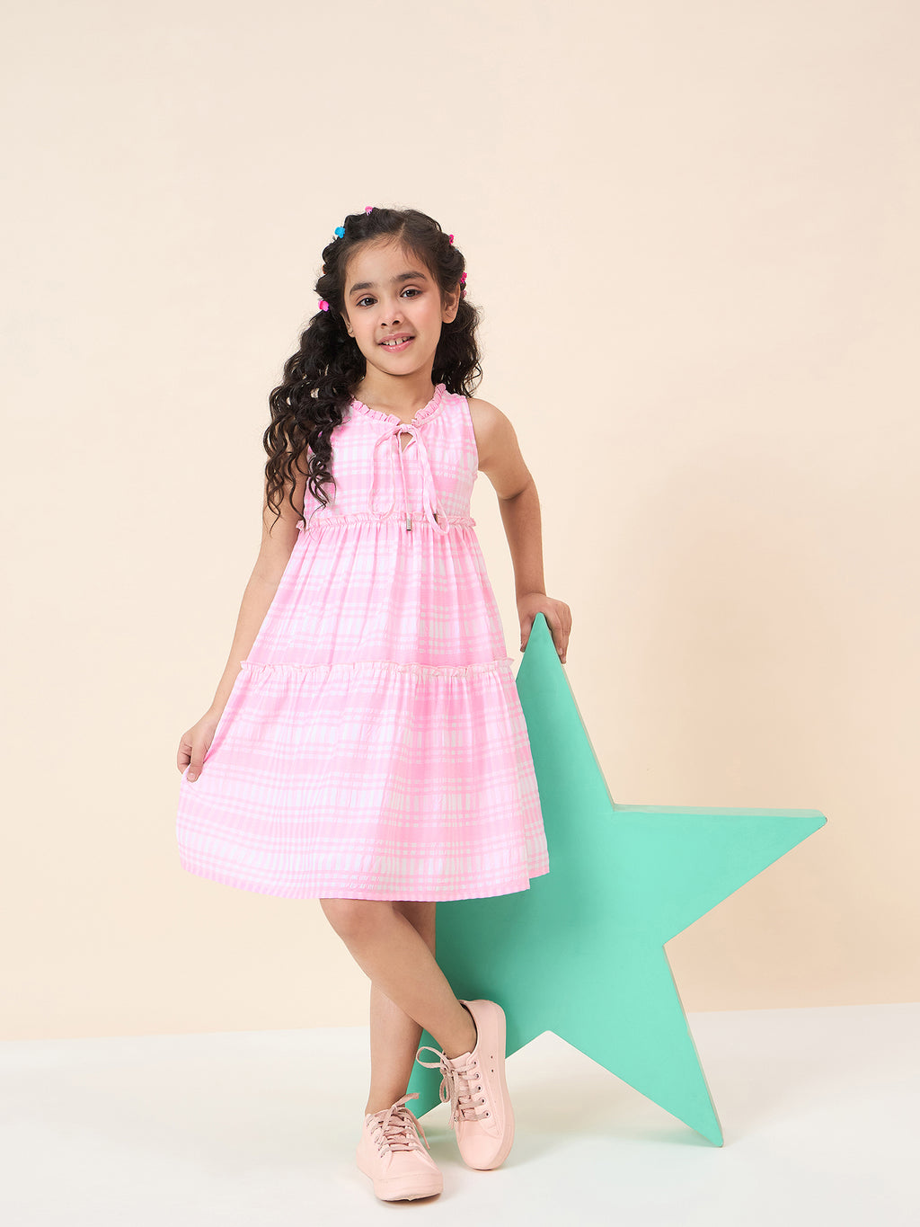 Girls Knee Length All over Print Dress - Pink