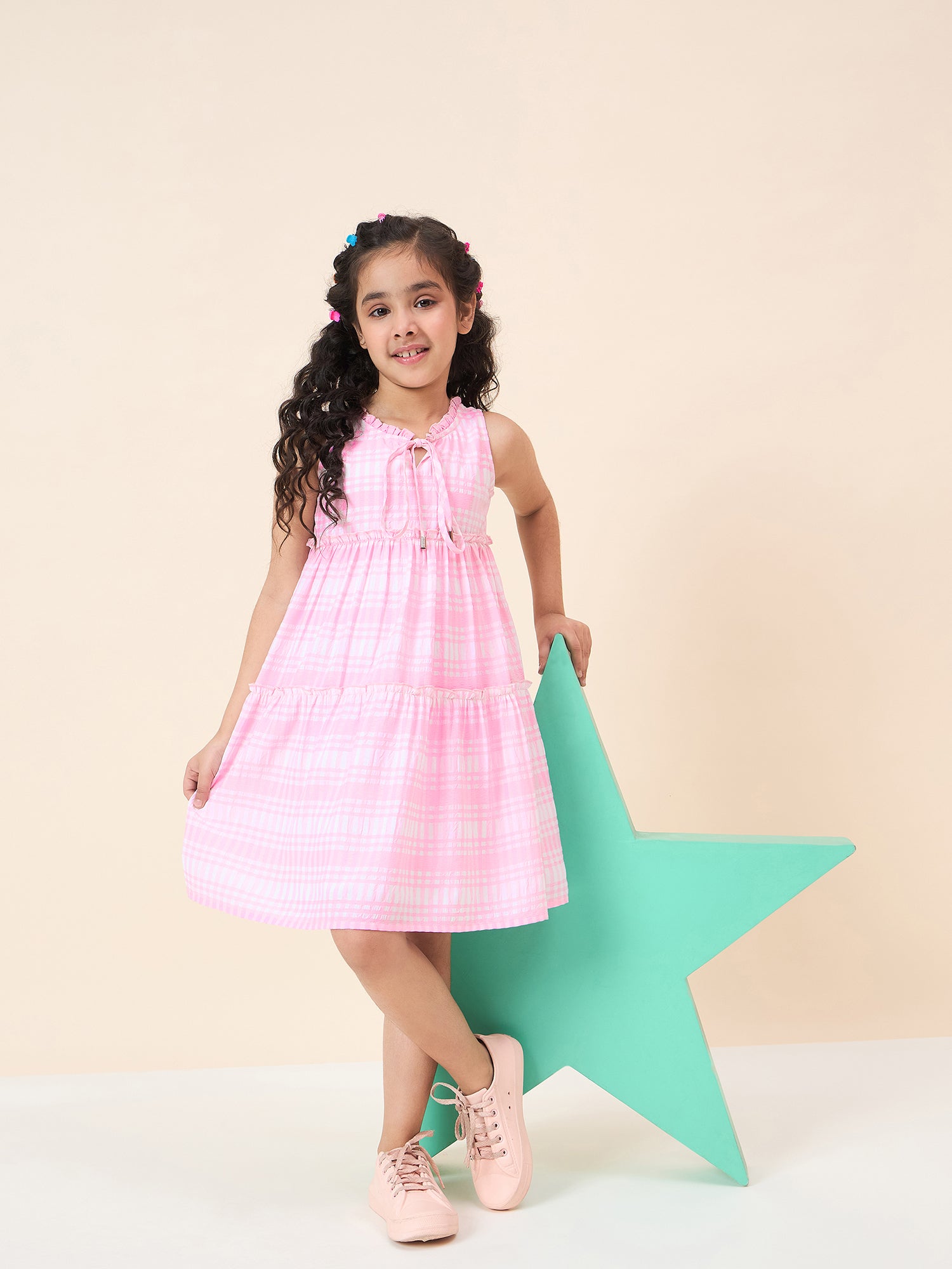Girls Knee Length All over Print Dress - Pink
