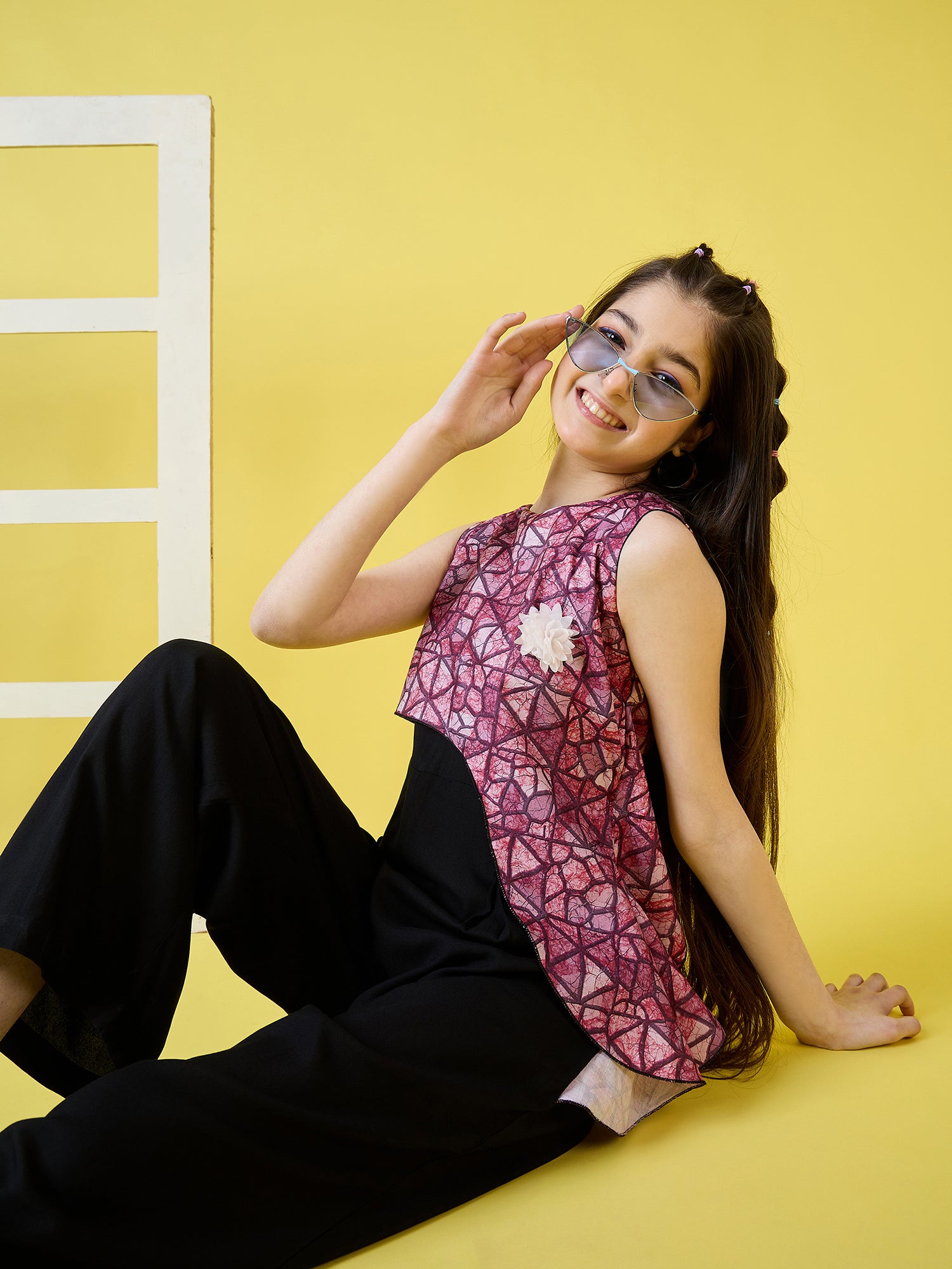 Girls Ankle Length Printed Jumpsuit - Black