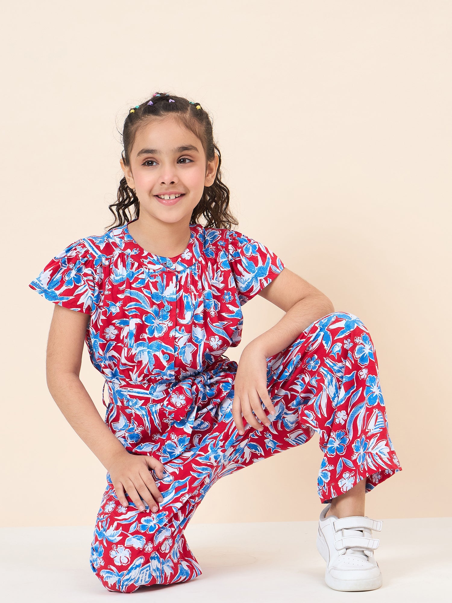 Girls Ankle Length All over Print Jumpsuit - Red