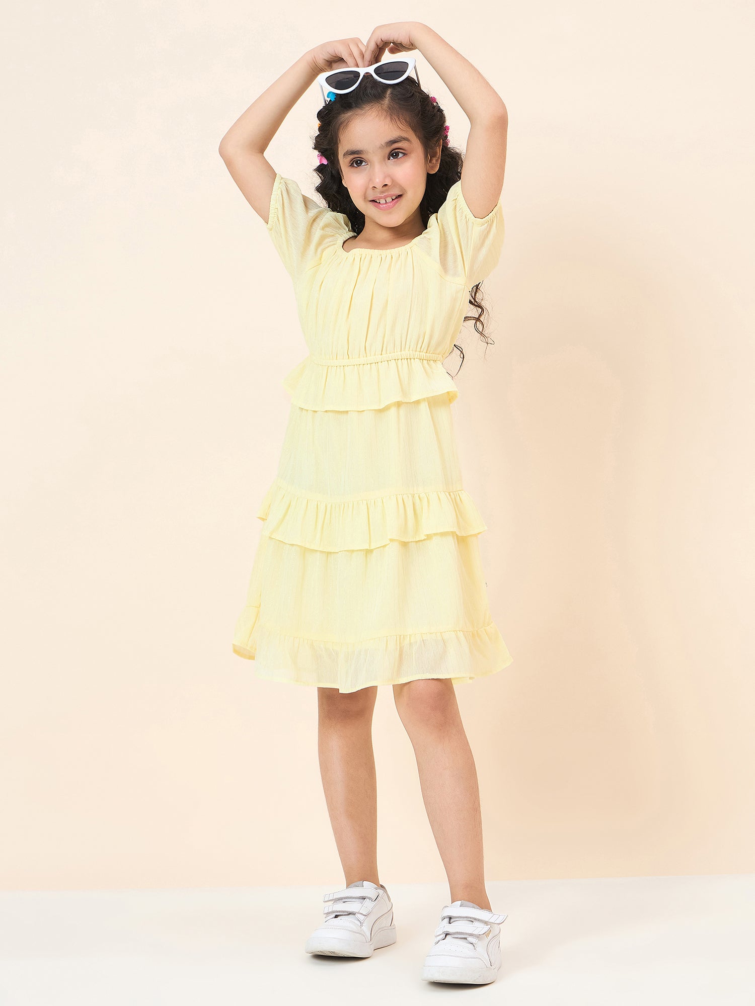 Girls Knee Length Solid Dress - Yellow