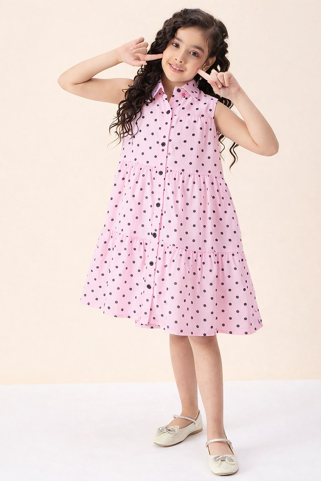 Girls Knee Length All over Print Dress - Peach