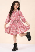 Girls Knee Length All over Print Dress - Brown