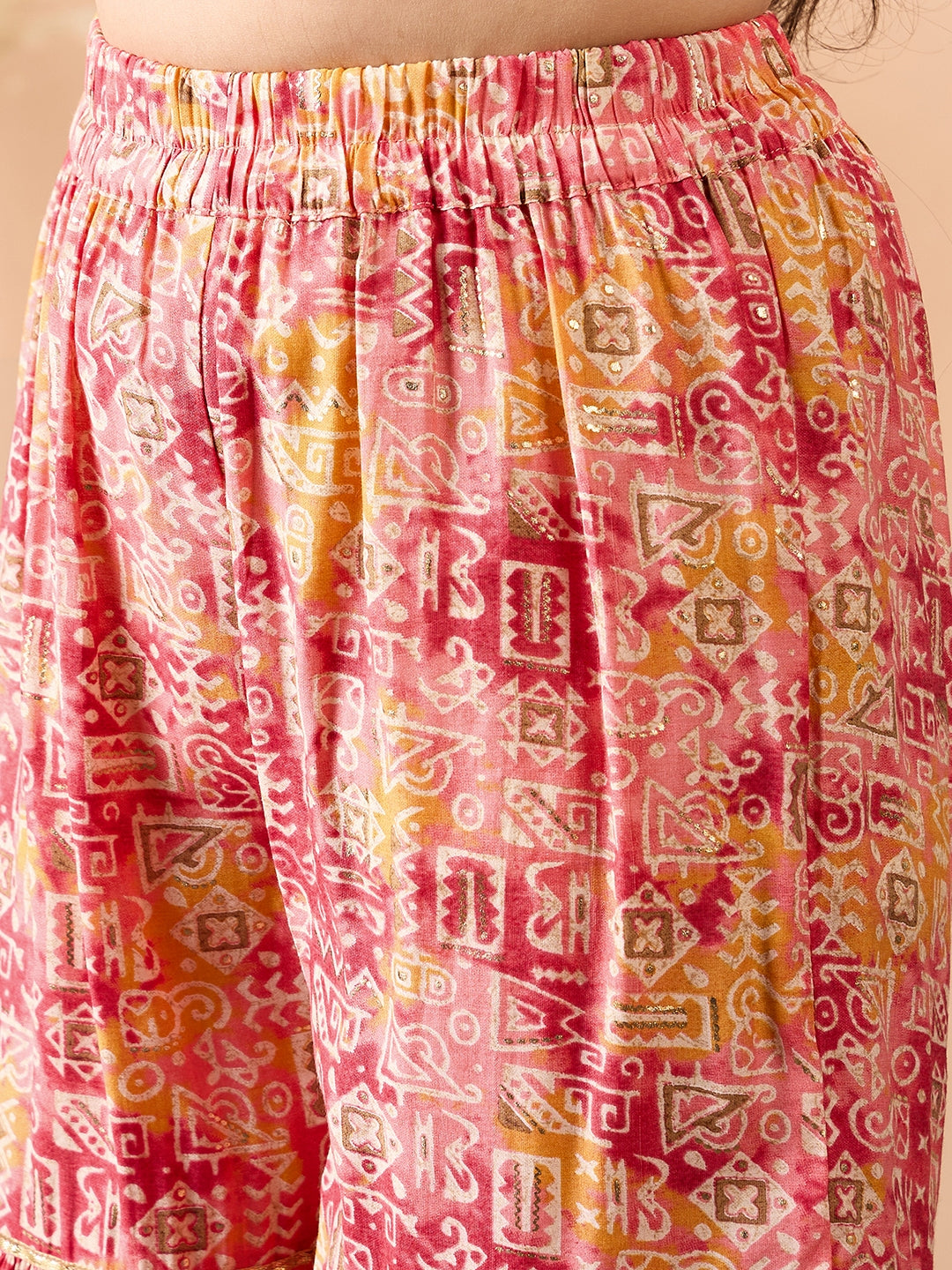 Girls Ankle Length All over Print Kurti Set - Peach