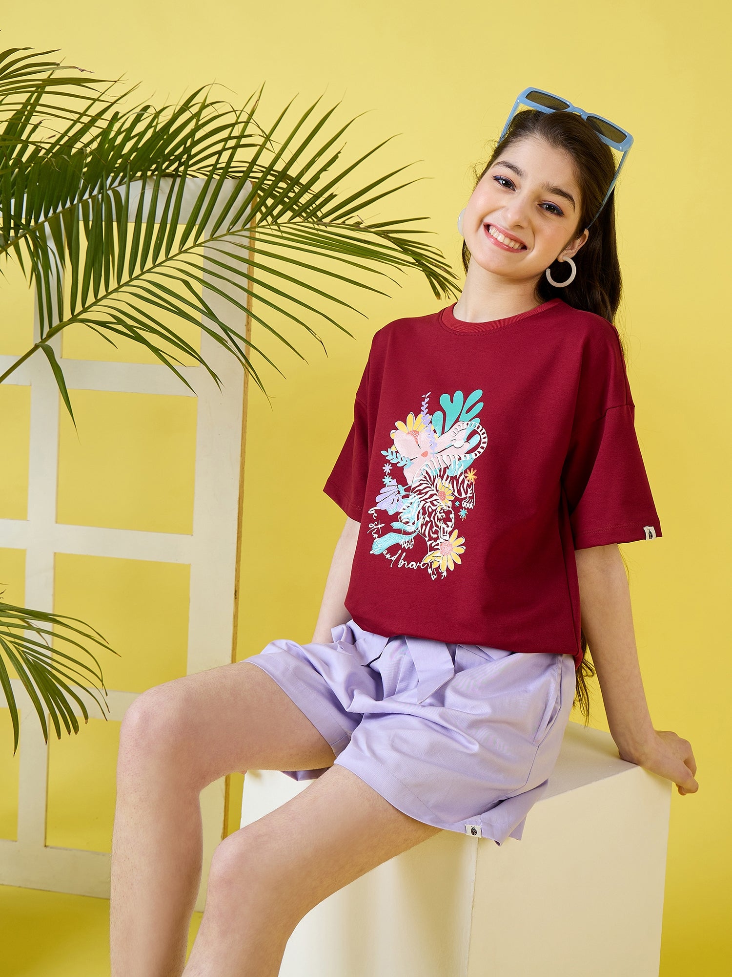 Girls Hip length Printed T-shirt - Maroon
