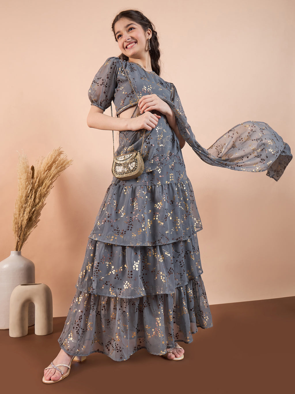 Girls Ankle Length Printed Lehenga Choli - Grey