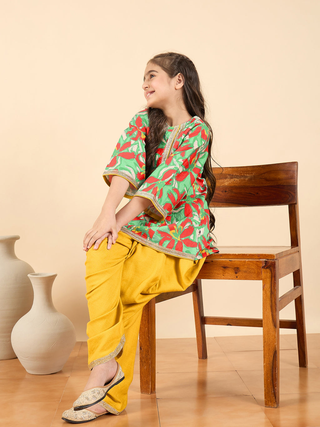 Girls Above Knee All over Print Kurti Set - Green