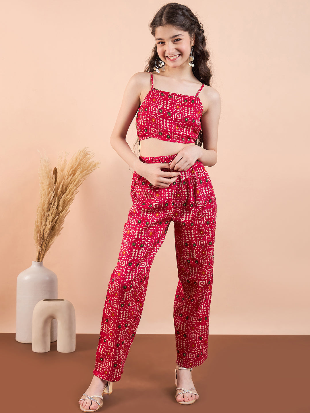 Girls Ankle Length Printed Kurti Set - Magenta