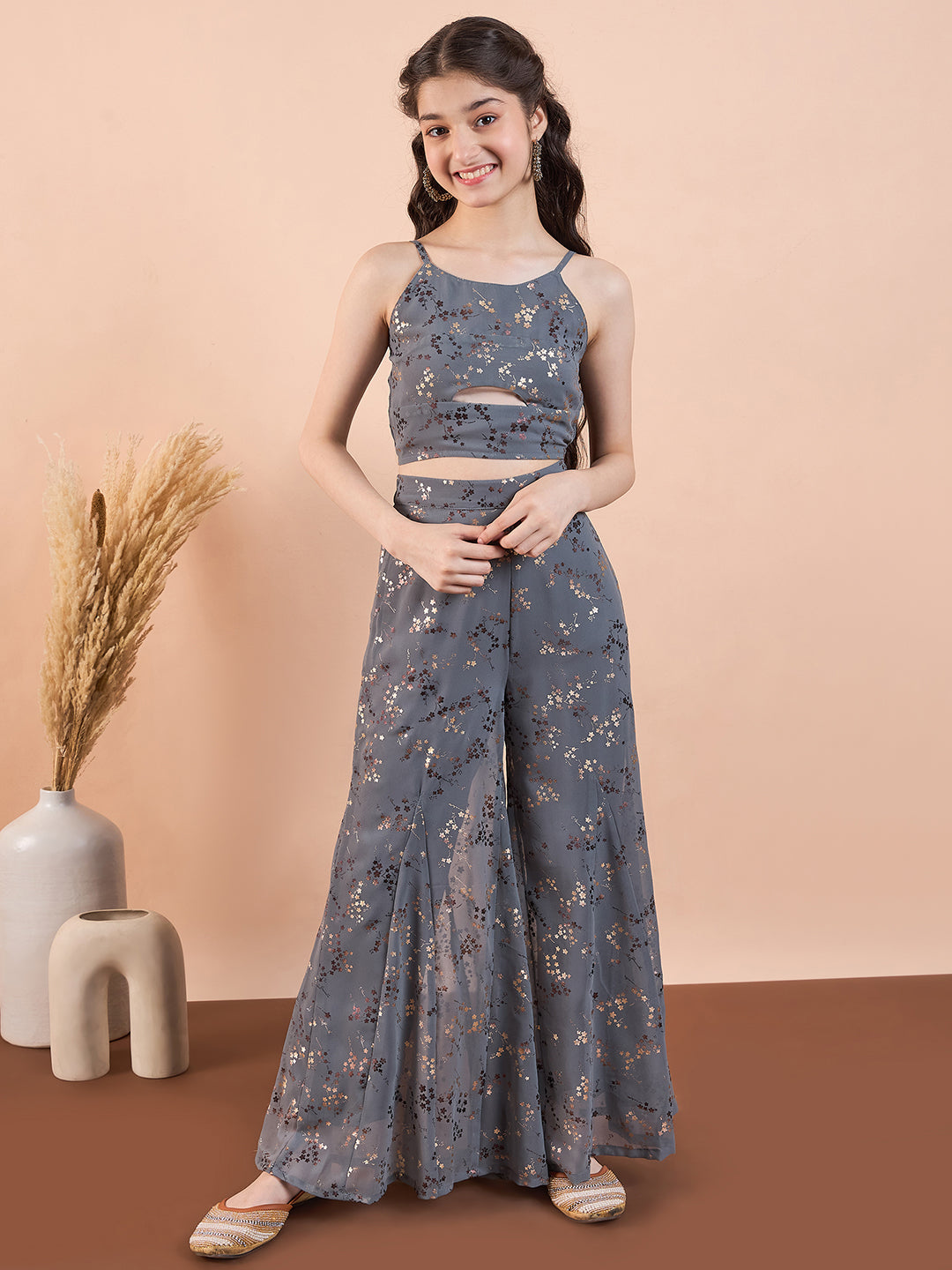 Girls Ankle Length Printed Kurti Set - Grey