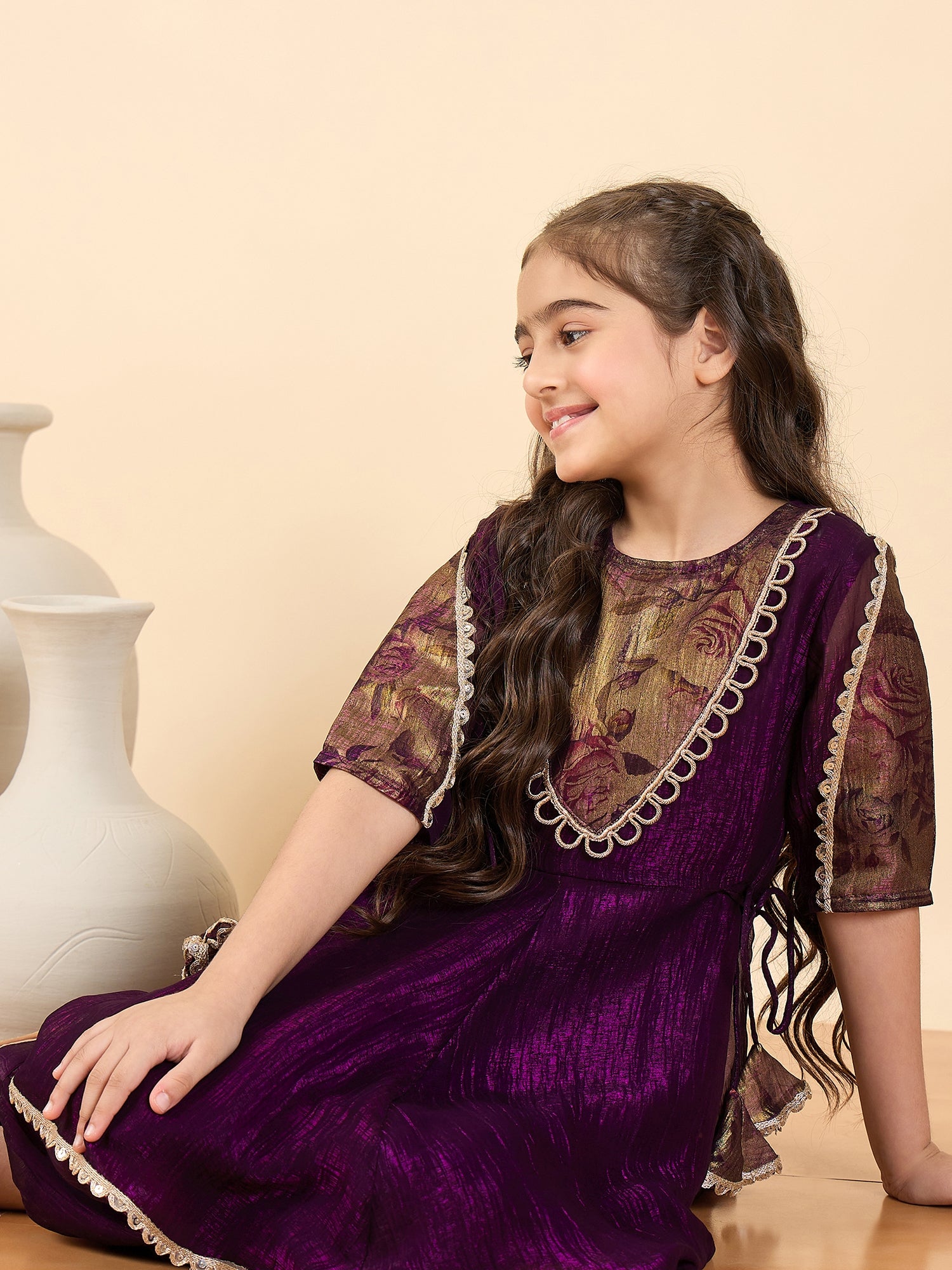 Girls Above Knee Solid Kurti Set - Purple
