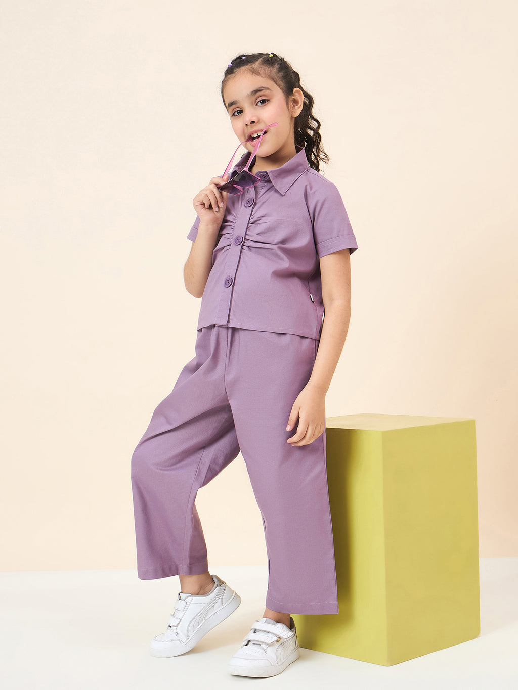 Girls Ankle Length Solid Top With Pants - Purple