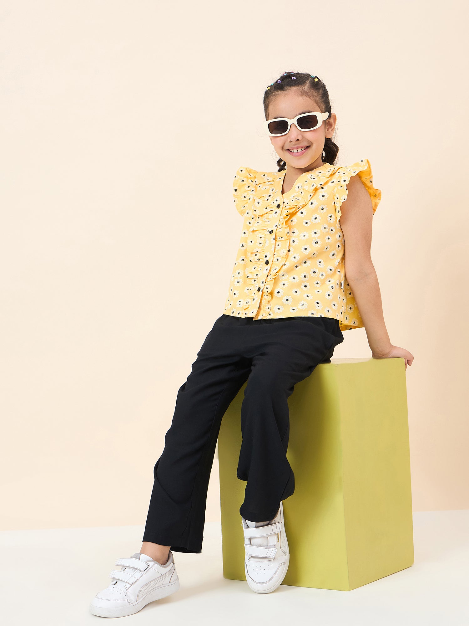 Girls Ankle Length All over Print Top With Pants - Yellow