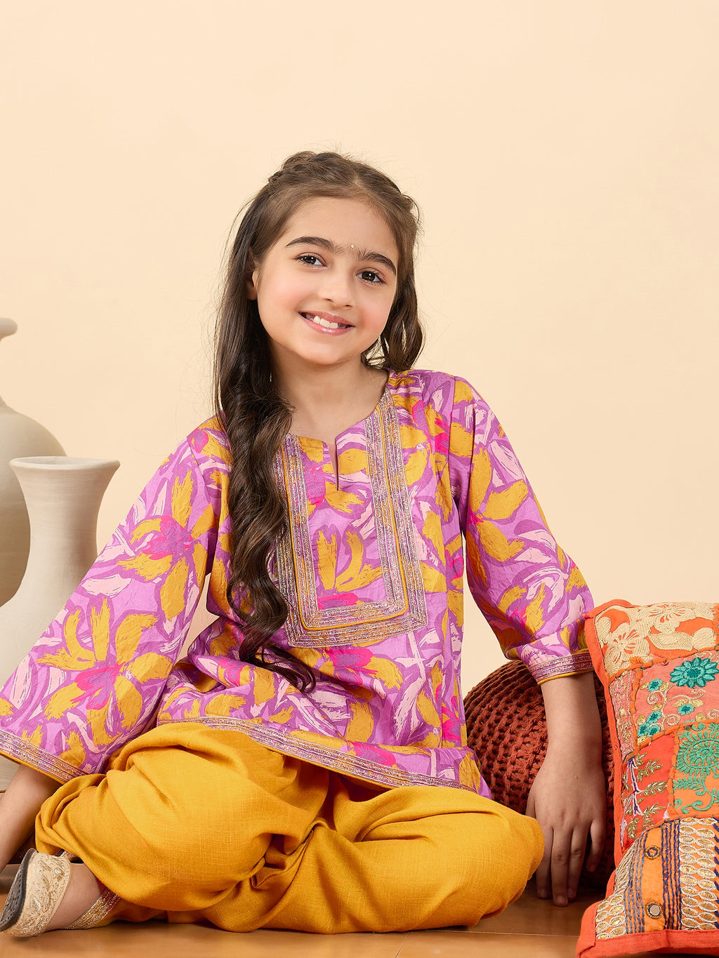 Girls Above Knee All over Print Kurti Set - Lavender