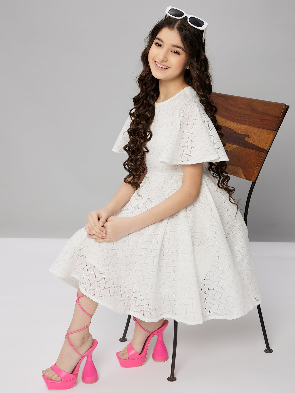Girls Knee Length Solid Dress - Off-White