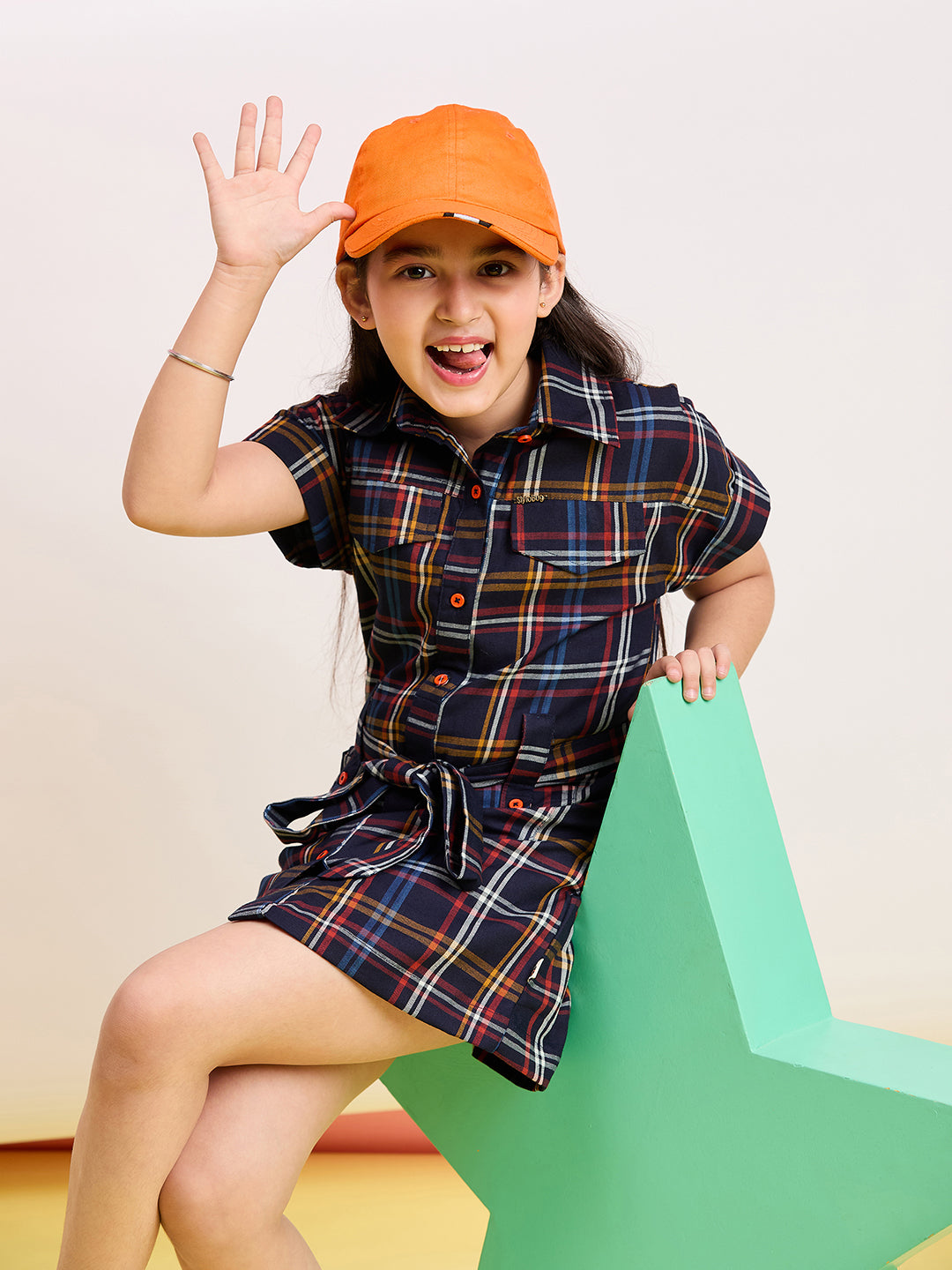 Girls Knee Length Printed Dress - Navy Blue