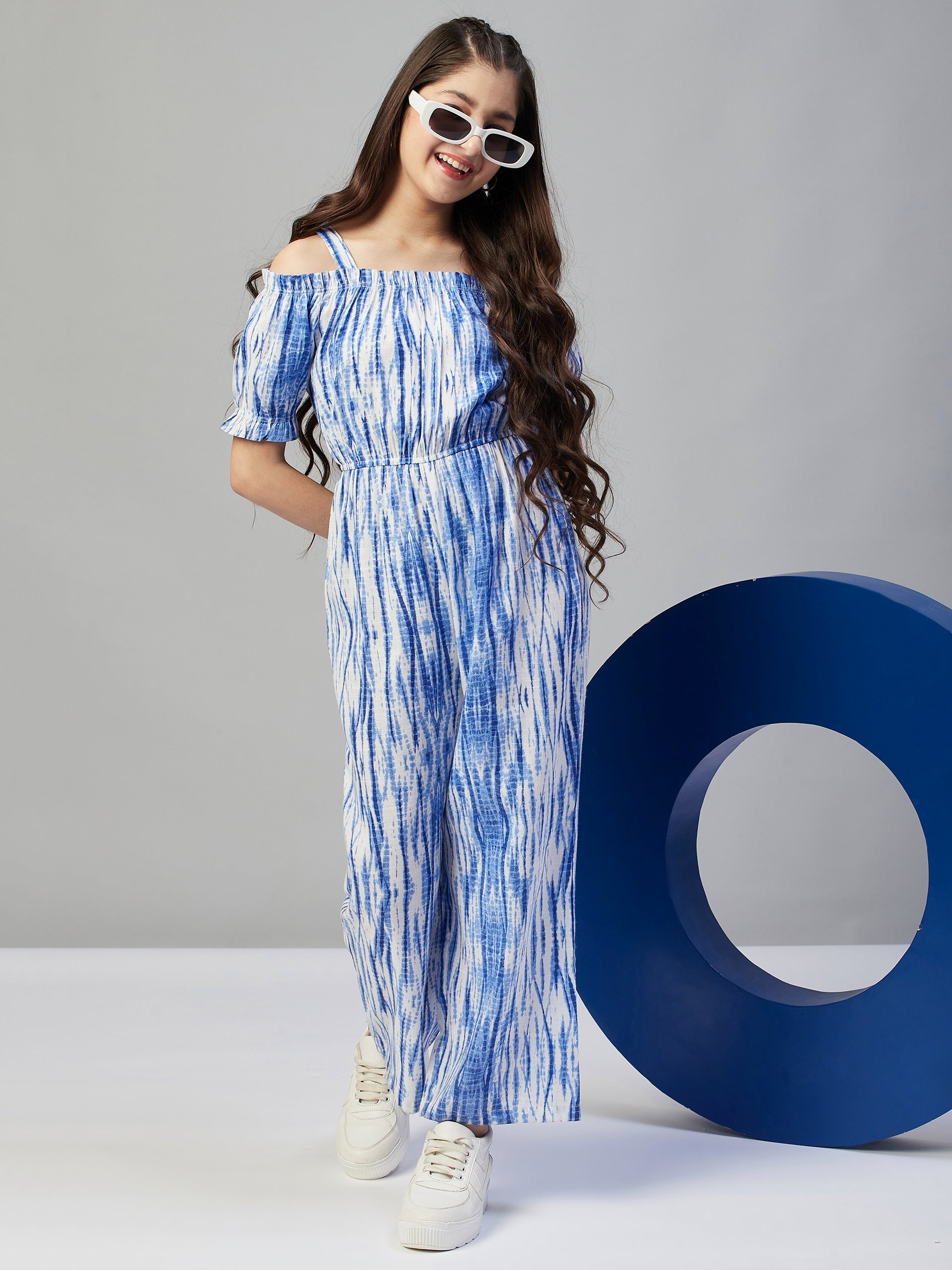 Girls Ankle Length Printed Jumpsuit - Blue