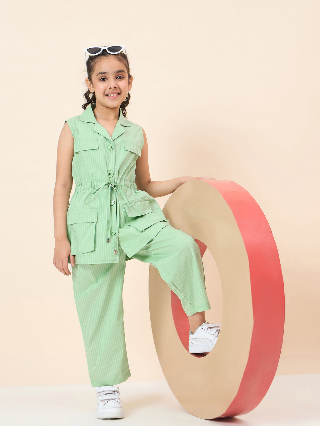 Girls Ankle Length Solid Top With Pants - Green
