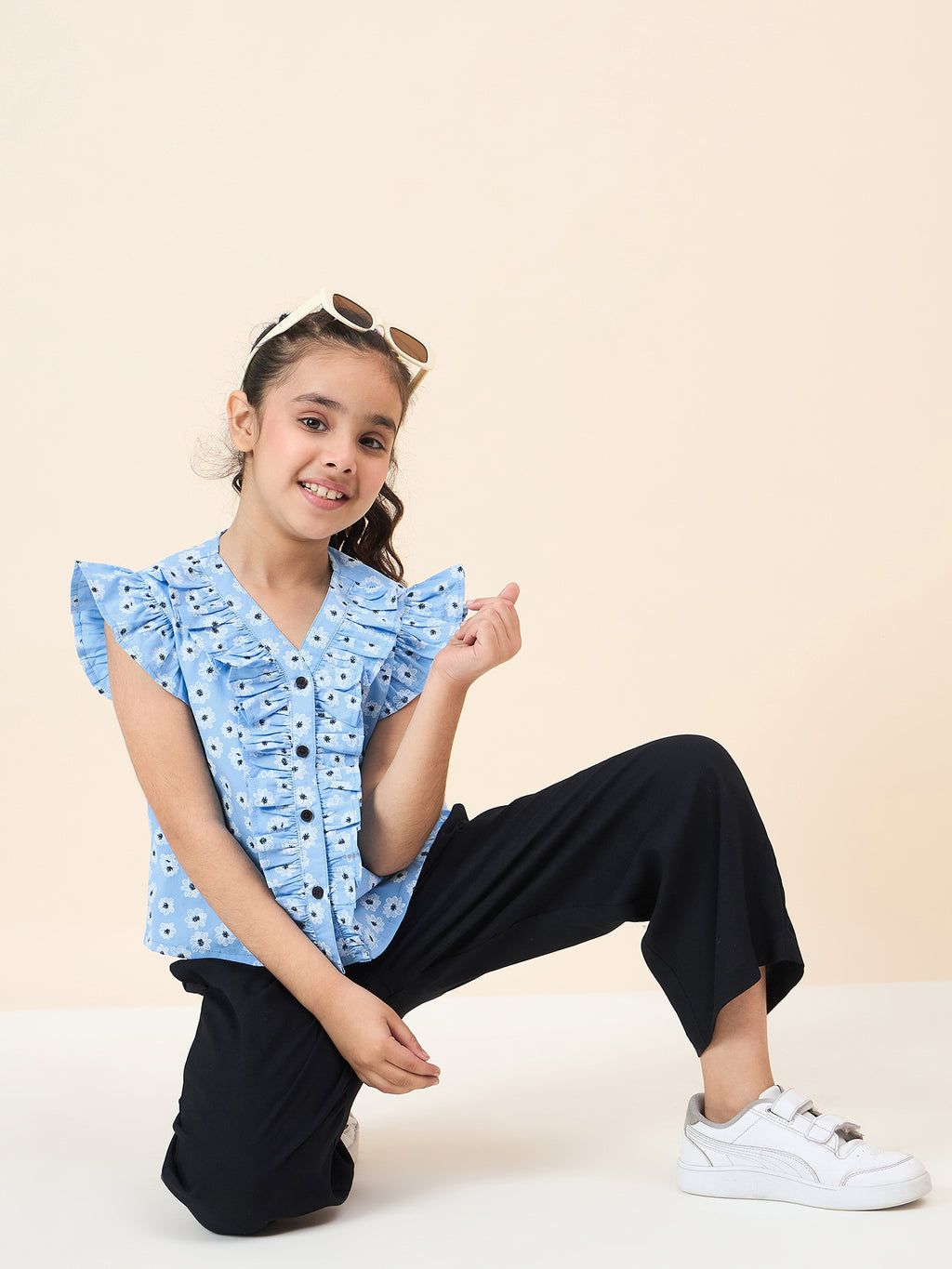 Girls Ankle Length All over Print Top With Pants - Blue