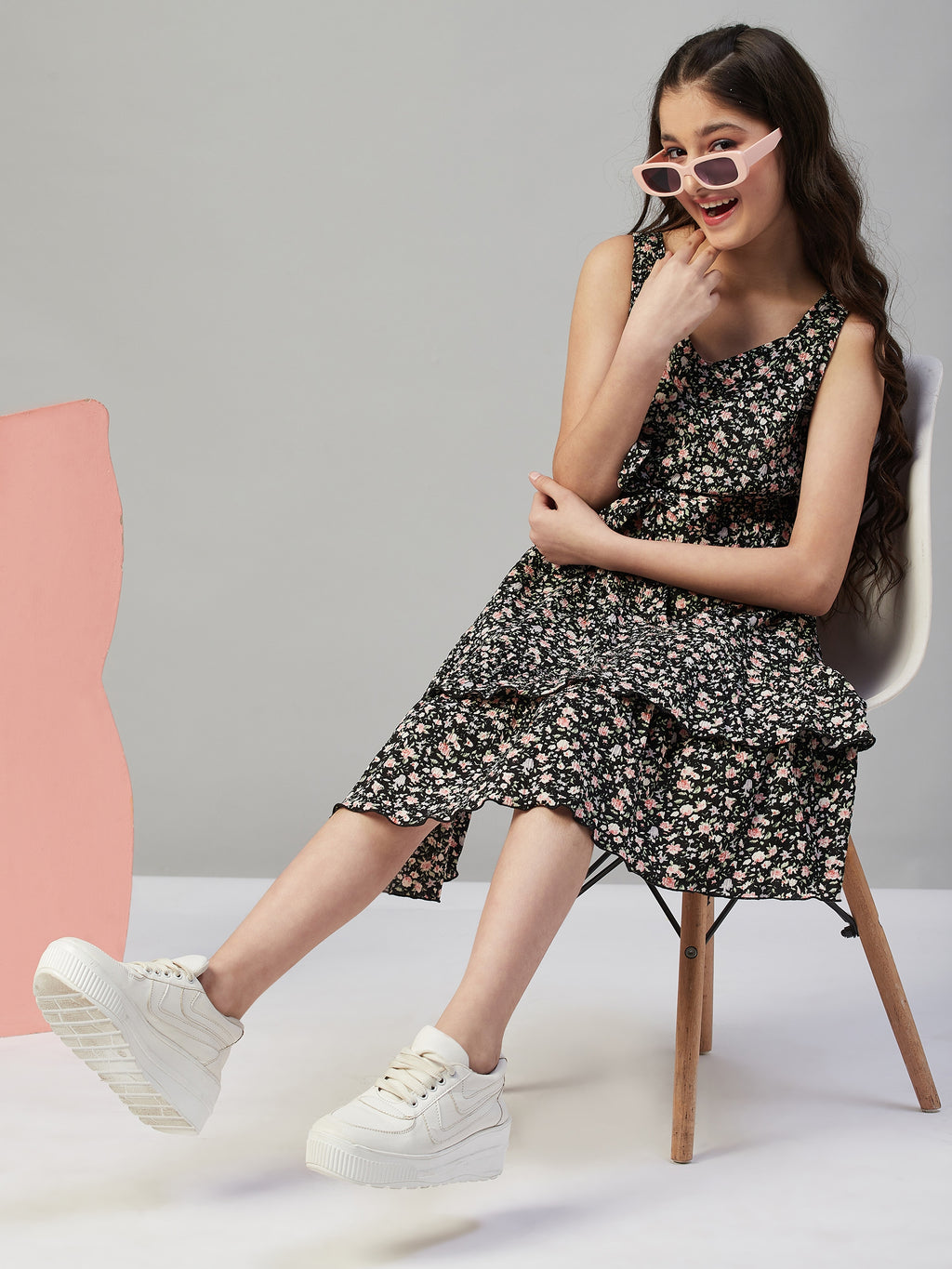 Girls knee length Printed Dress - Black