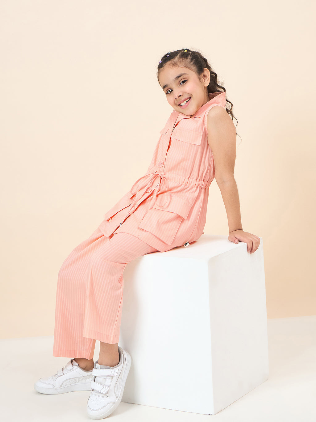 Girls Ankle Length Solid Top With Pants - Peach