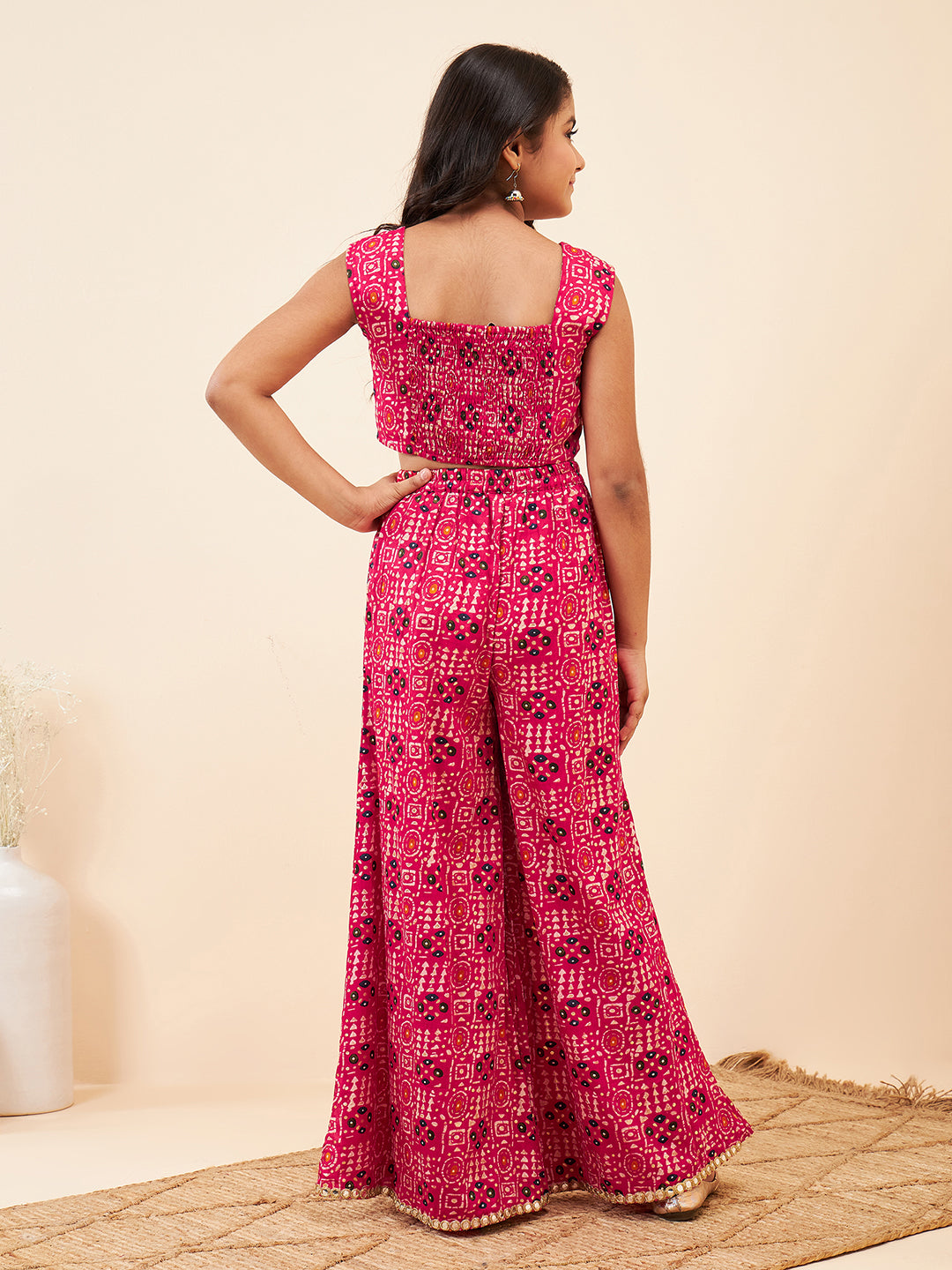 Girls Ankle Length Printed Kurti Set - Pink