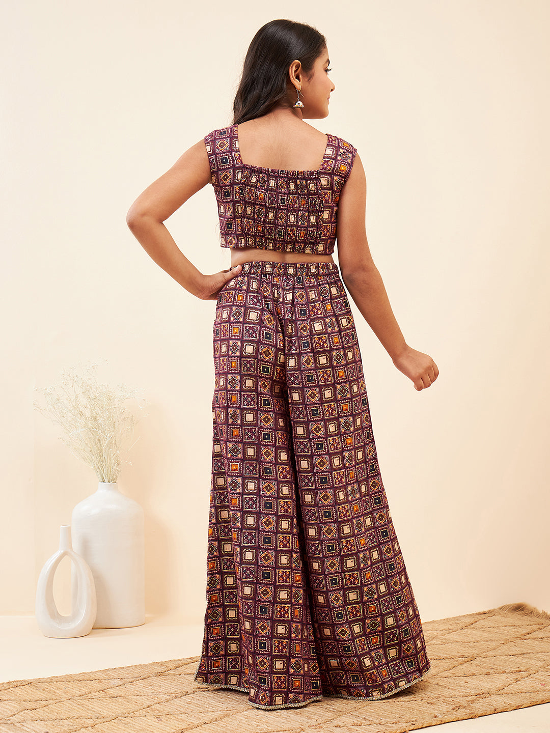 Girls Ankle Length Printed Kurti Set - Purple