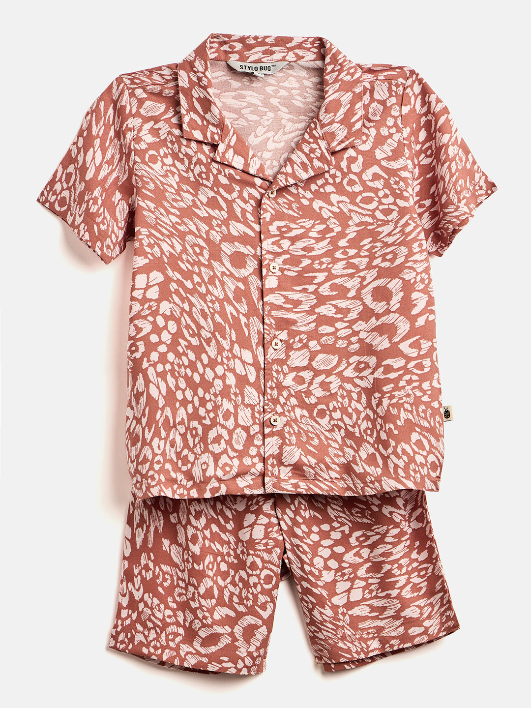 Boys Above Knee Printed Shirt with Shorts - Brown