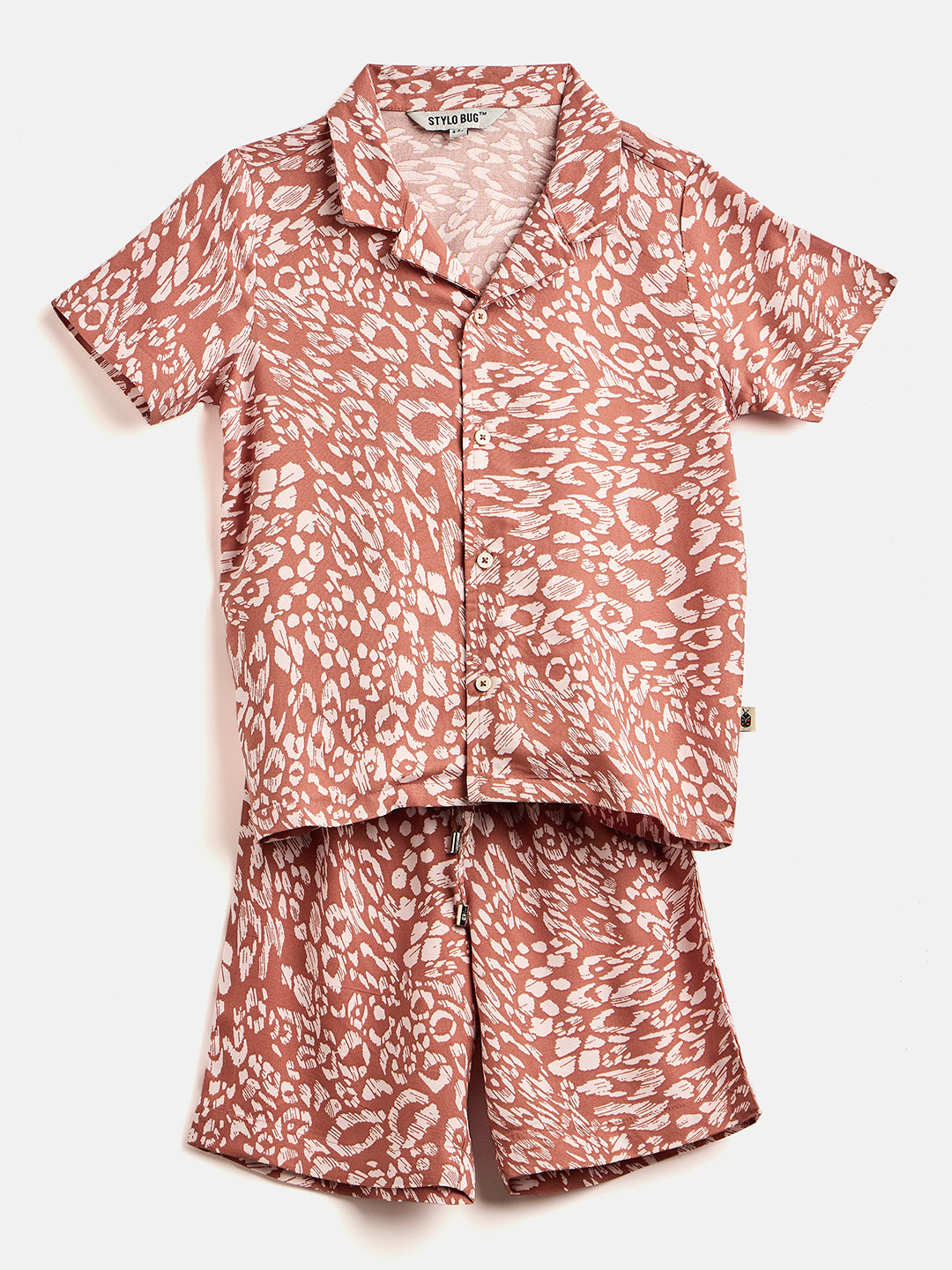 Boys Above Knee Printed Shirt with Shorts - Brown