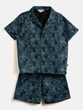 Boys Mid Thigh Printed Shirt with Shorts - Blue