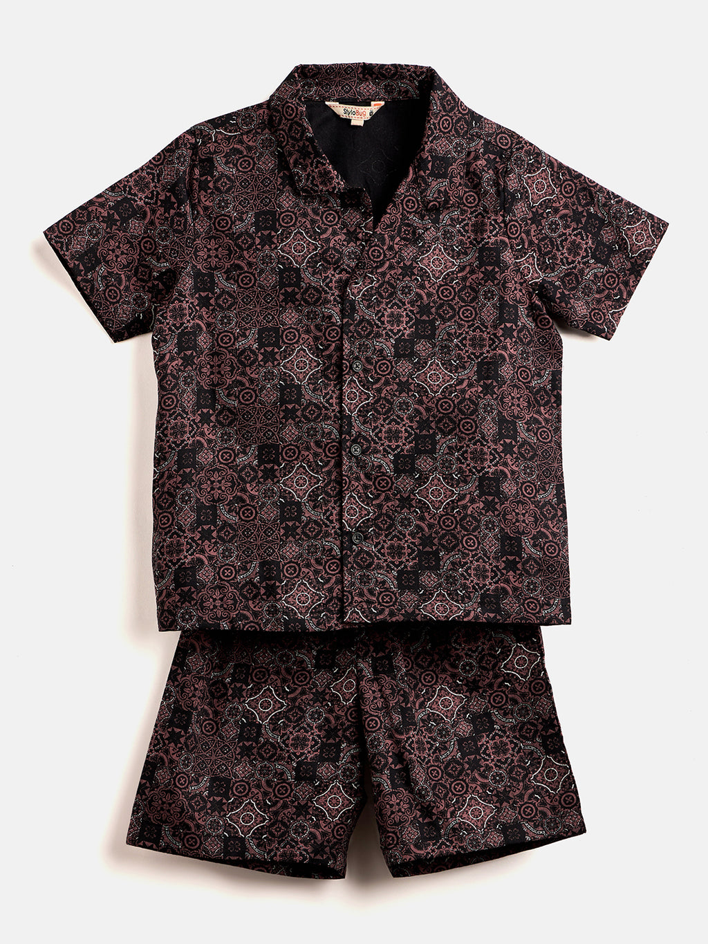 Boys Mid Thigh Printed Shirt with Shorts - Brown