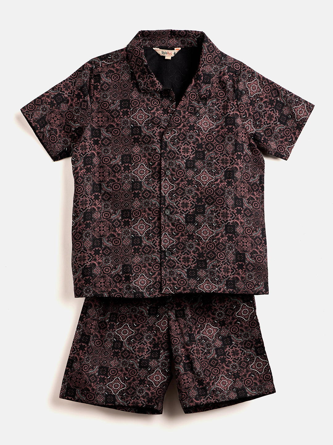 Boys Mid Thigh Printed Shirt with Shorts - Brown