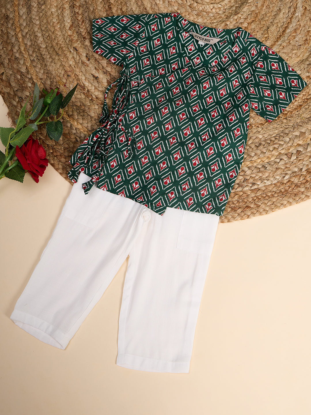 Boys Waist Length All over Print Kurta Set - Green