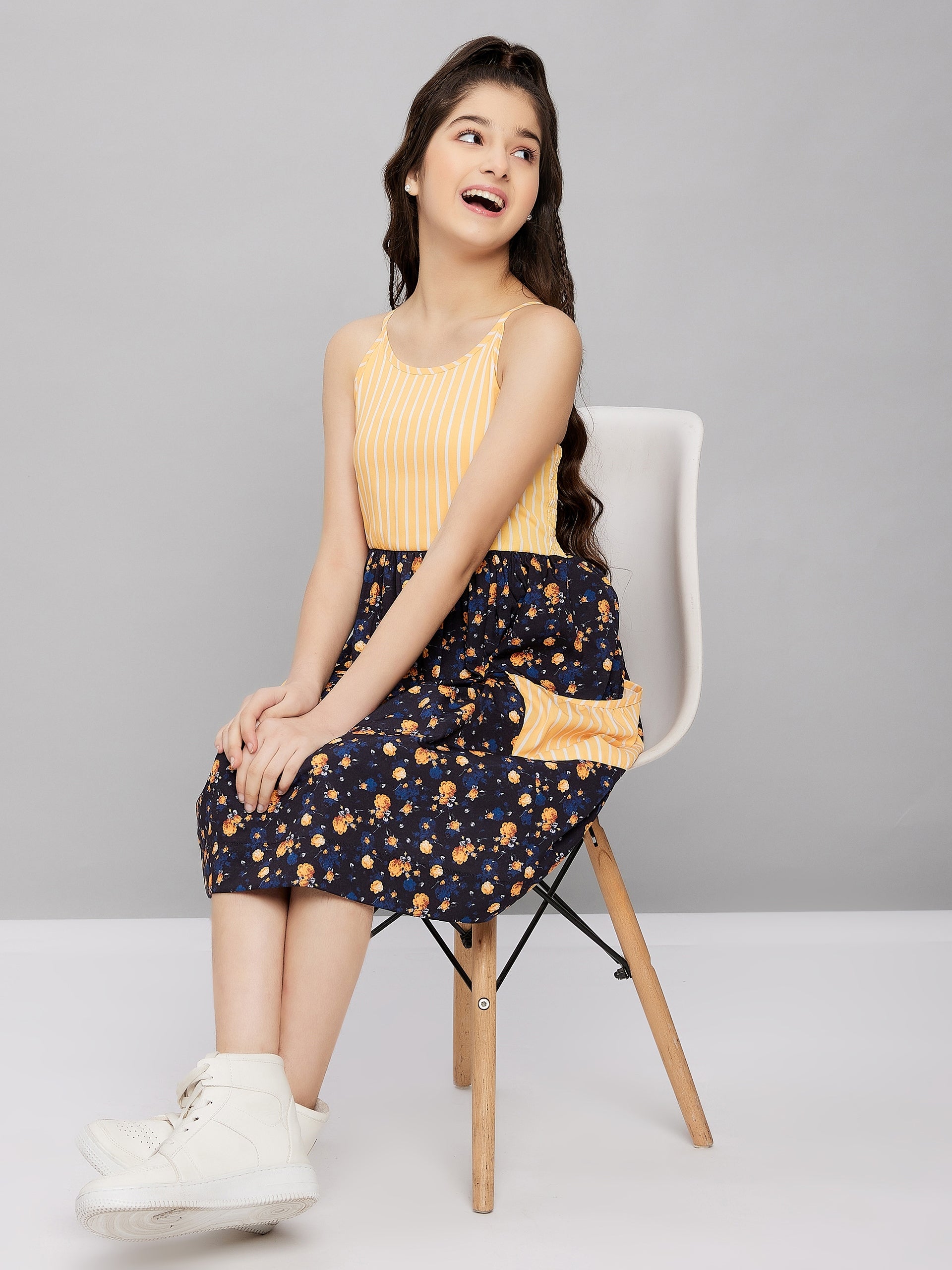 Girls Knee Length Printed Dress - Yellow