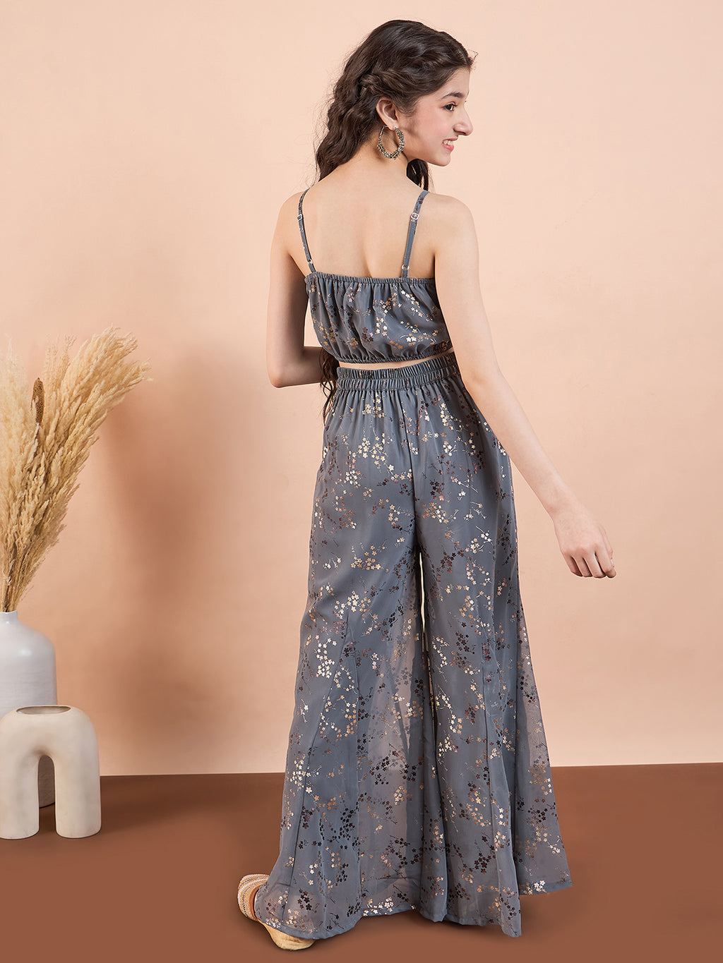 Girls Ankle Length Printed Kurti Set - Grey