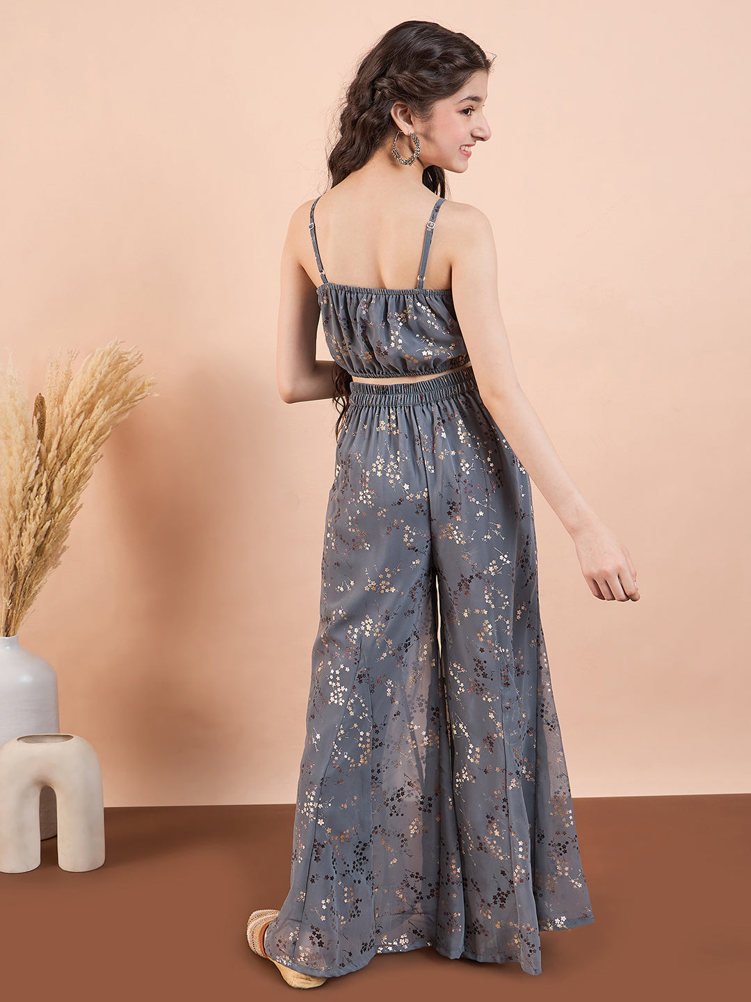 Girls Ankle Length Printed Kurti Set - Grey