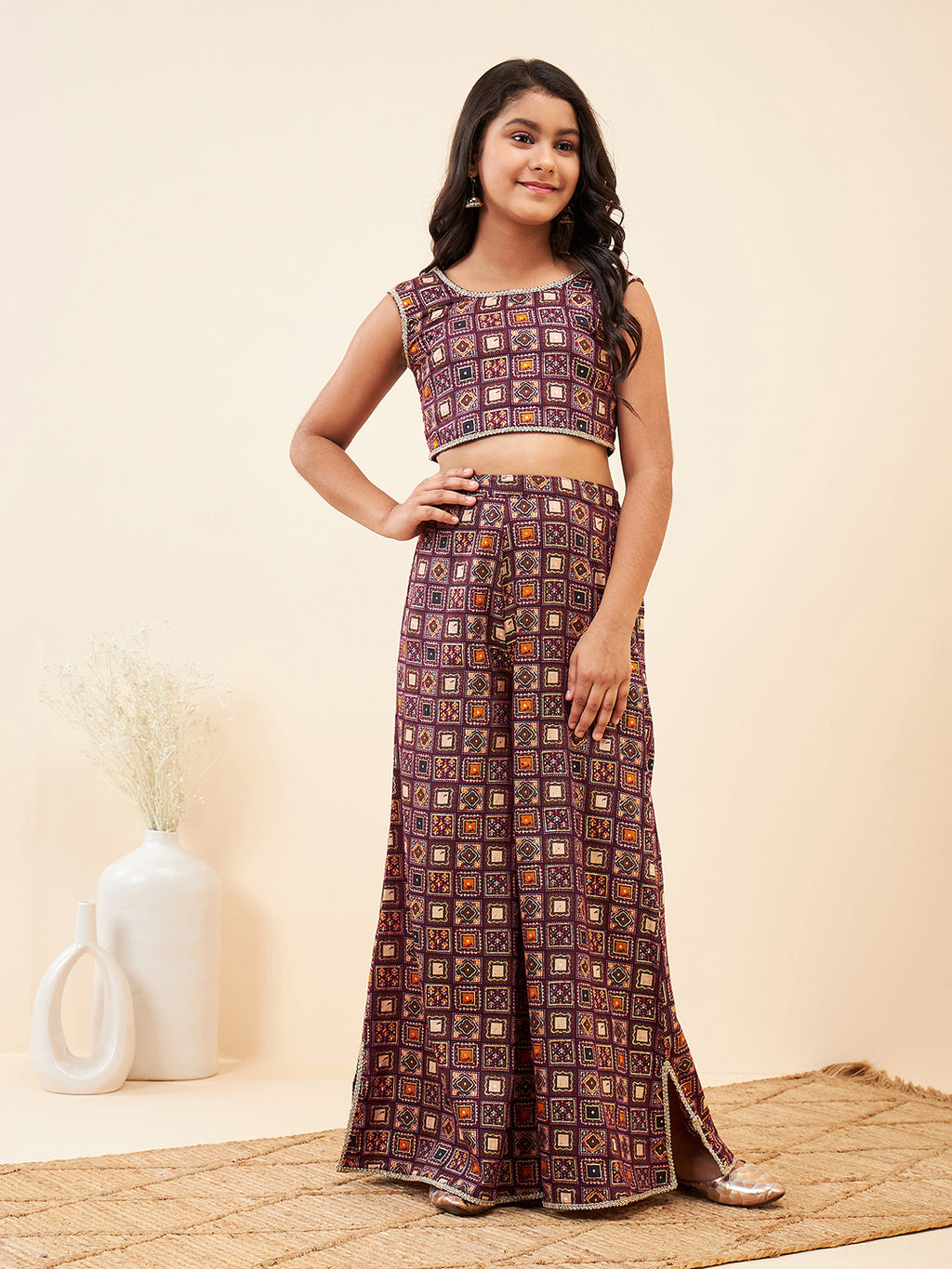 Girls Ankle Length Printed Kurti Set - Purple