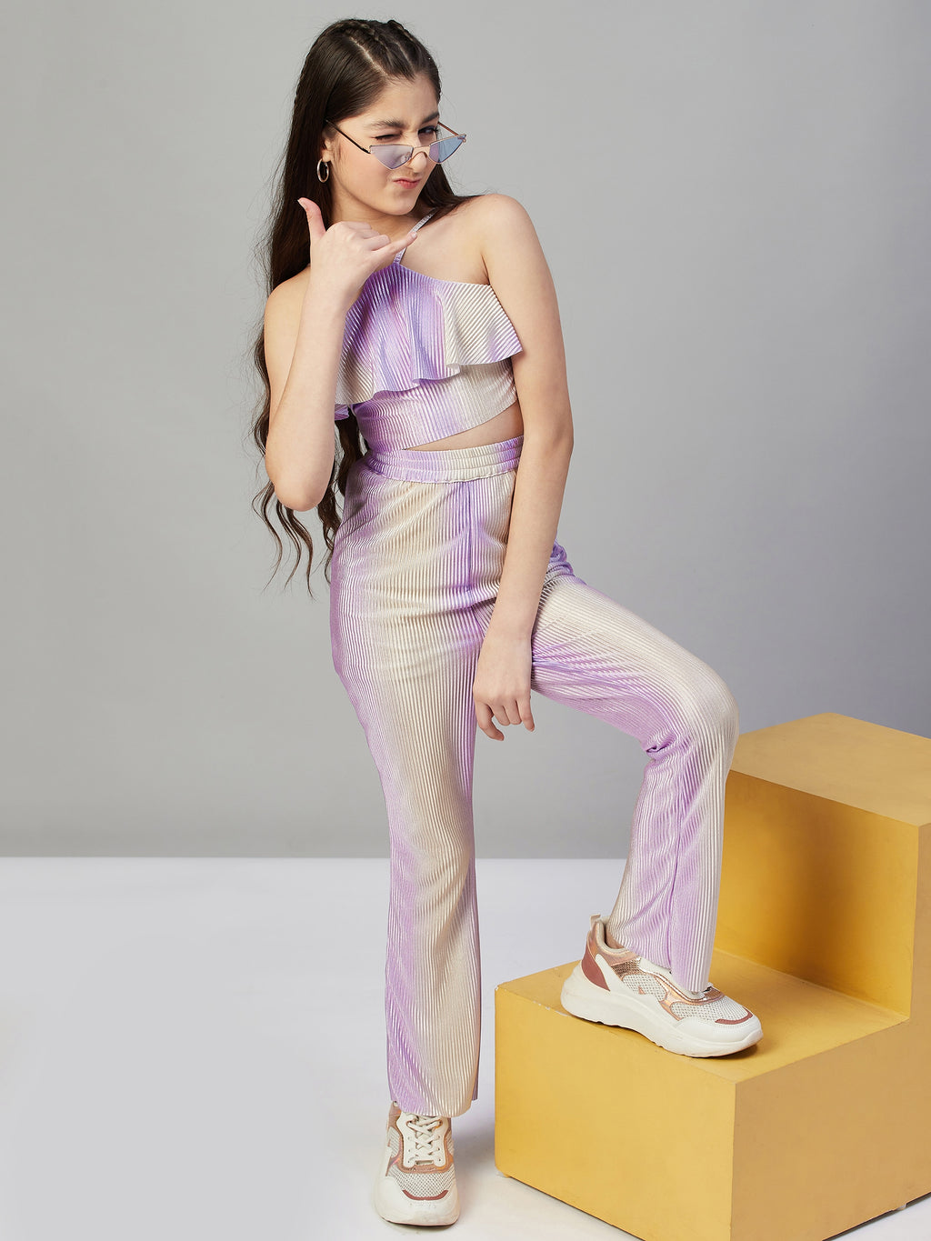 Girls Ankle Length Solid Top With Pants - Purple