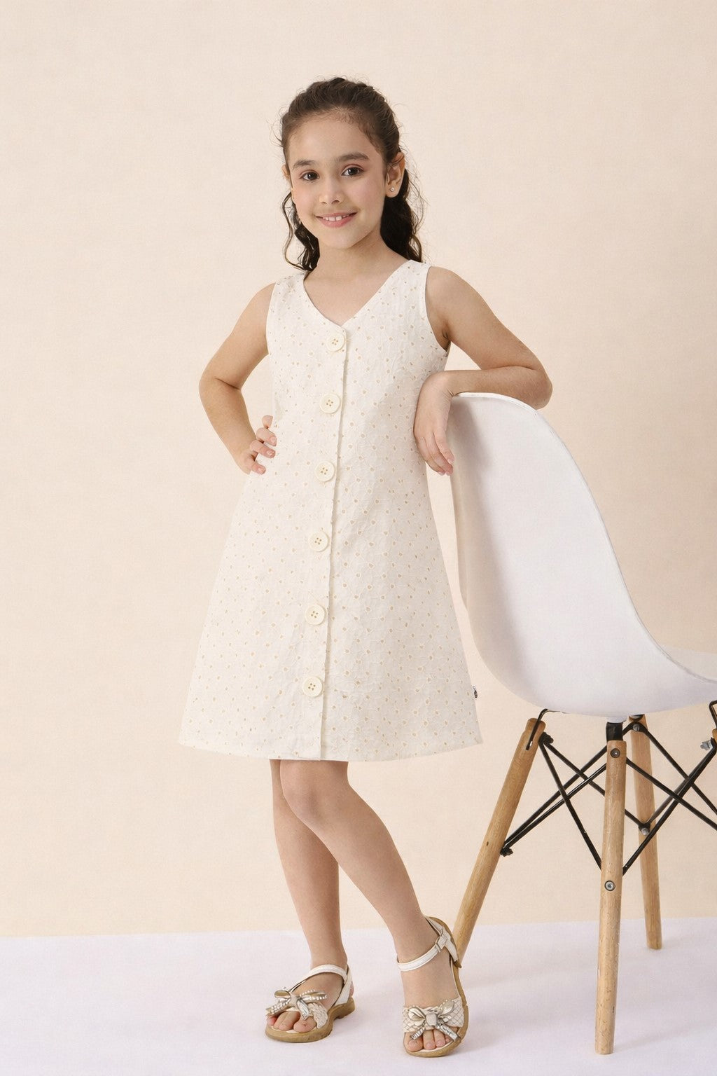 Girls Knee Length Solid Dress - Off-White