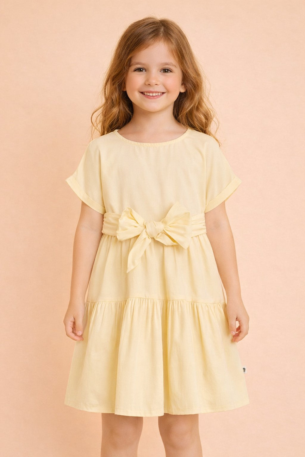 Girls Knee Length Solid Dress - Yellow