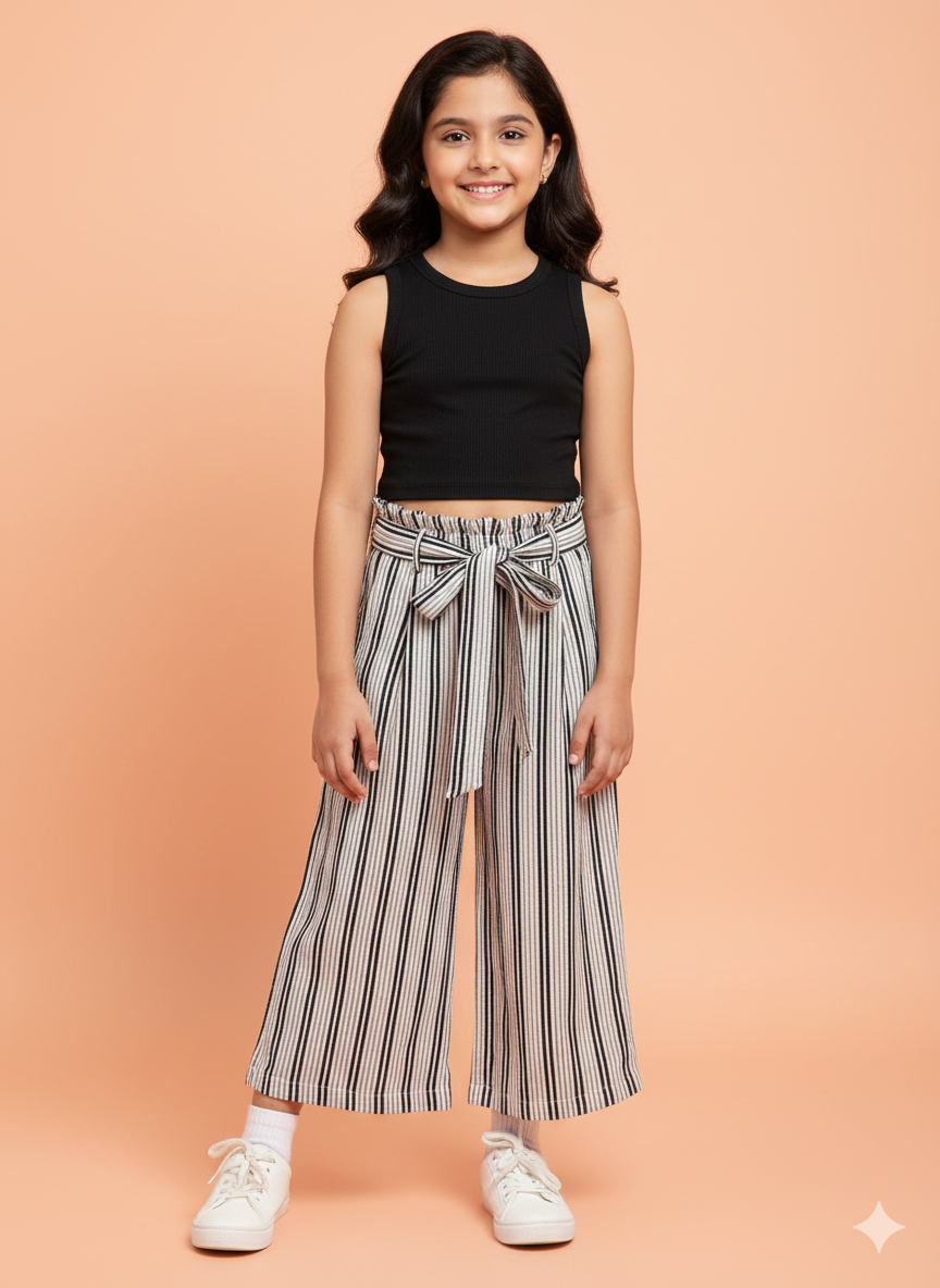 Girls Ankle Length All over Print Top With Pants - Black