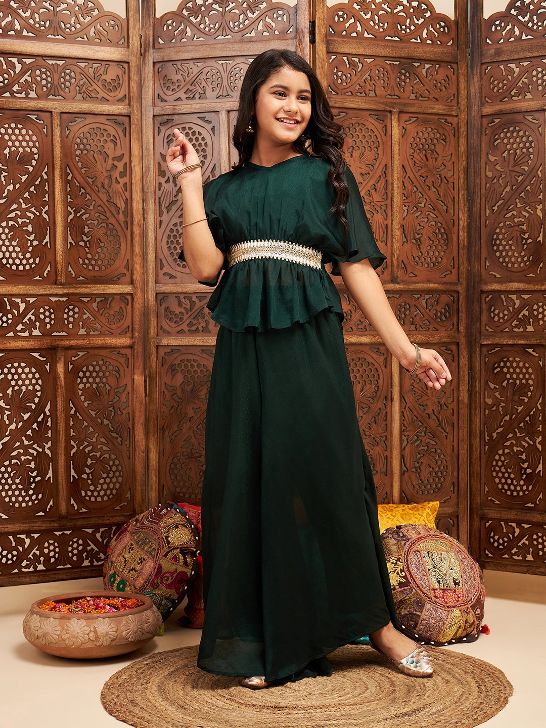 Girls Hip length Solid Kurti Set - Green