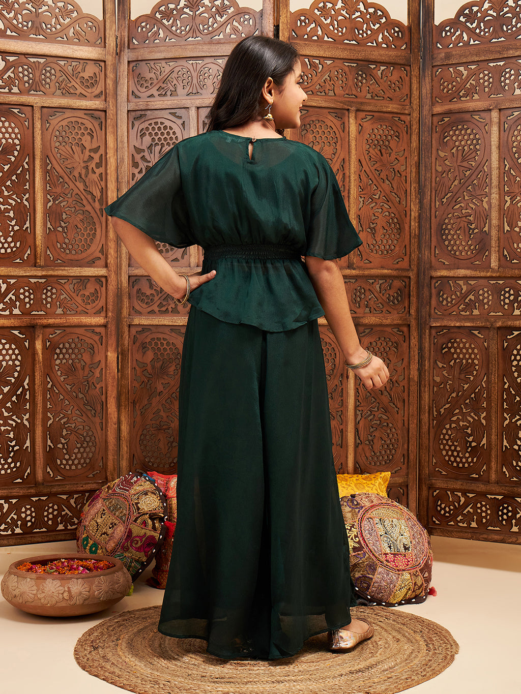 Girls Hip length Solid Kurti Set - Green