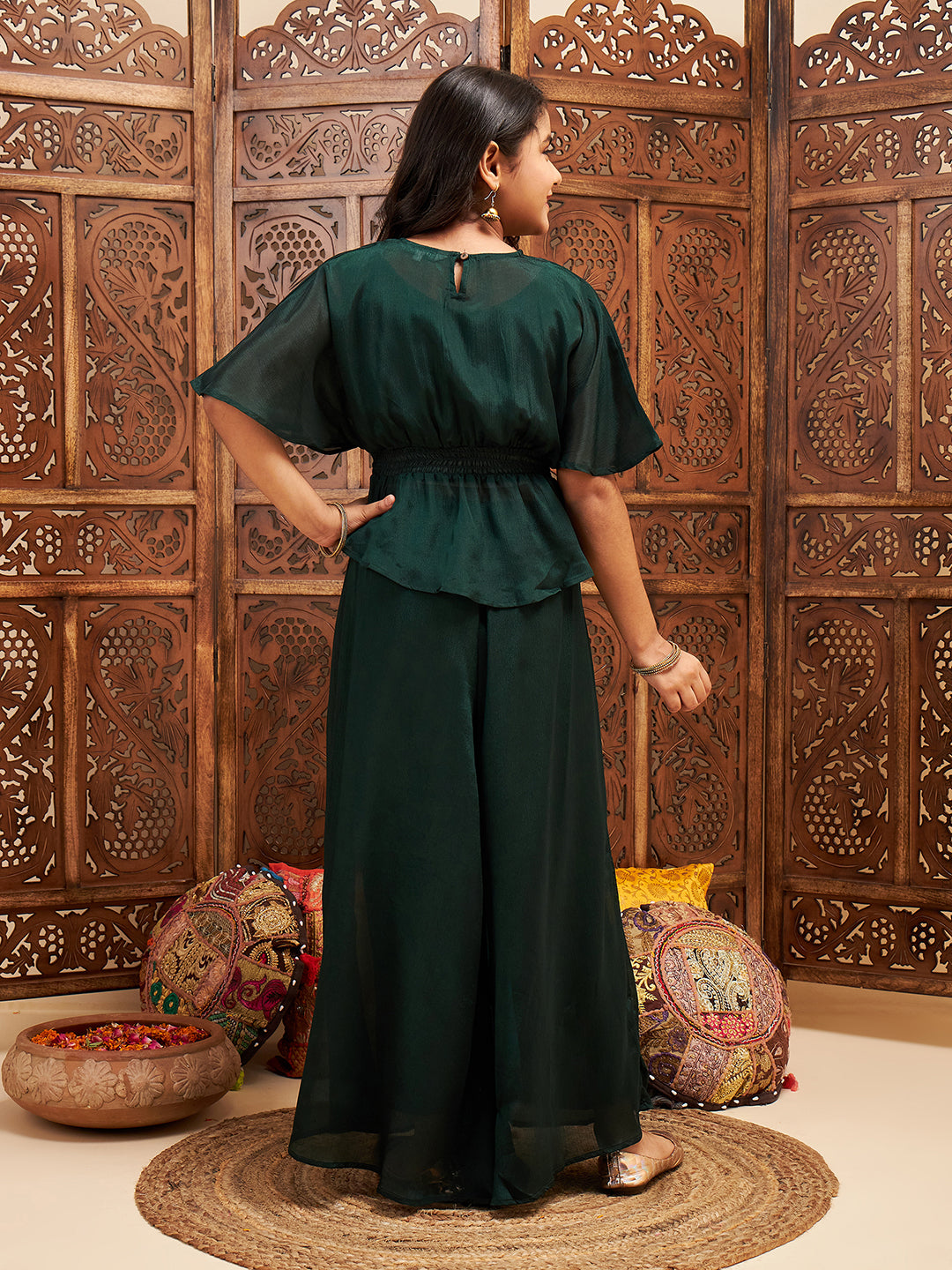 Girls Hip length Solid Kurti Set - Green