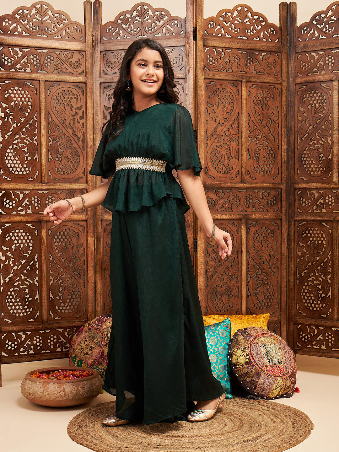 Girls Hip length Solid Kurti Set - Green