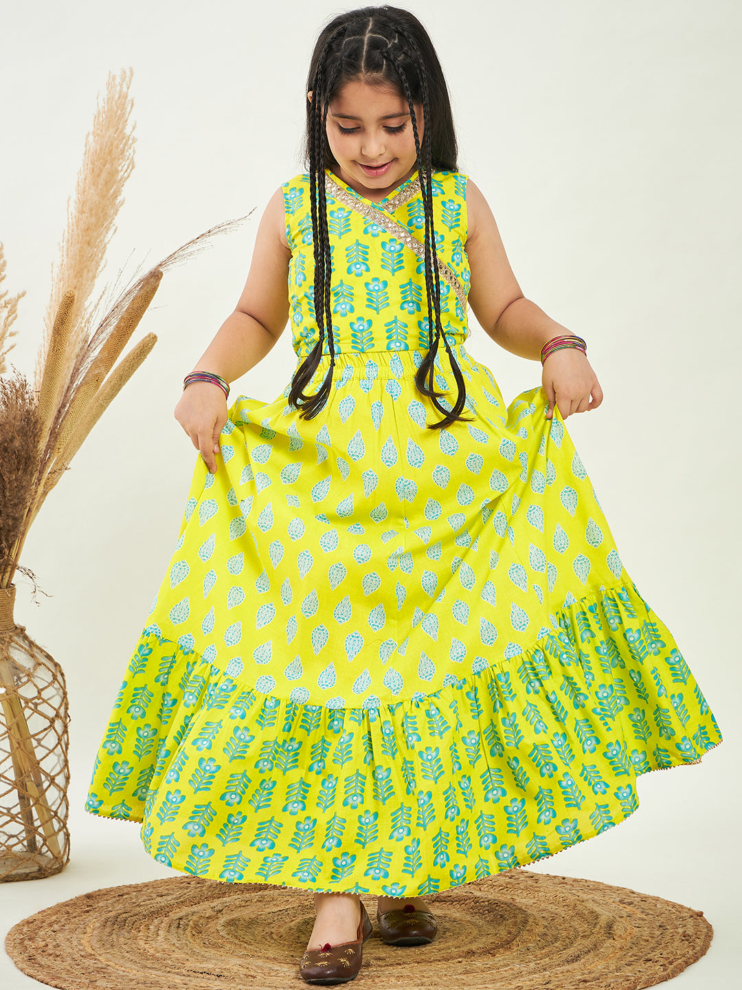 Girls Waist Length Printed Lehenga Choli - Green