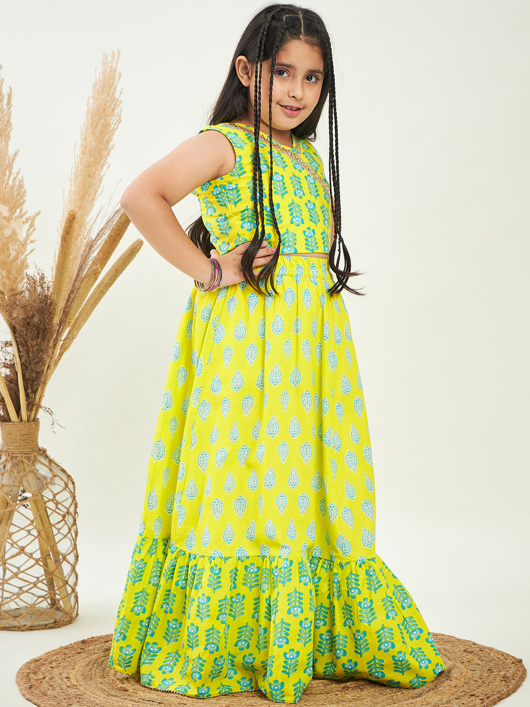 Girls Waist Length Printed Lehenga Choli - Green