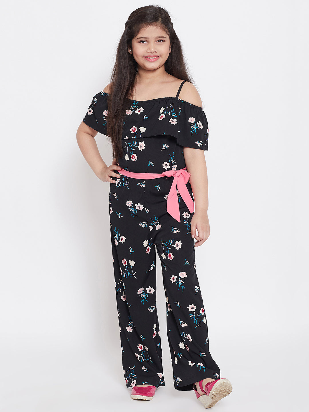 Girls Ankle Length Printed Jumpsuit - Black