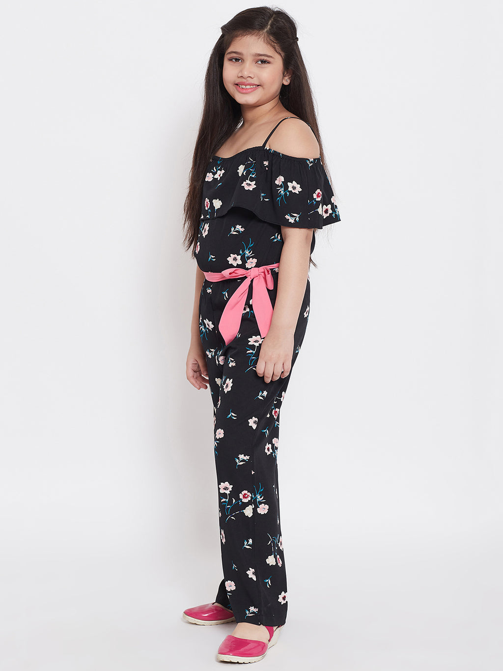 Girls Ankle Length Printed Jumpsuit - Black