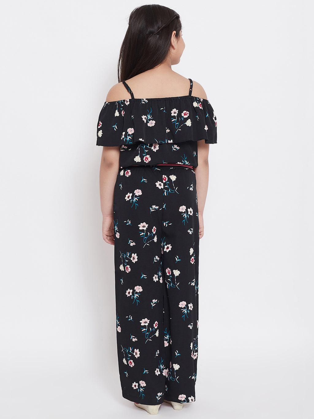 Girls Ankle Length Printed Jumpsuit - Black