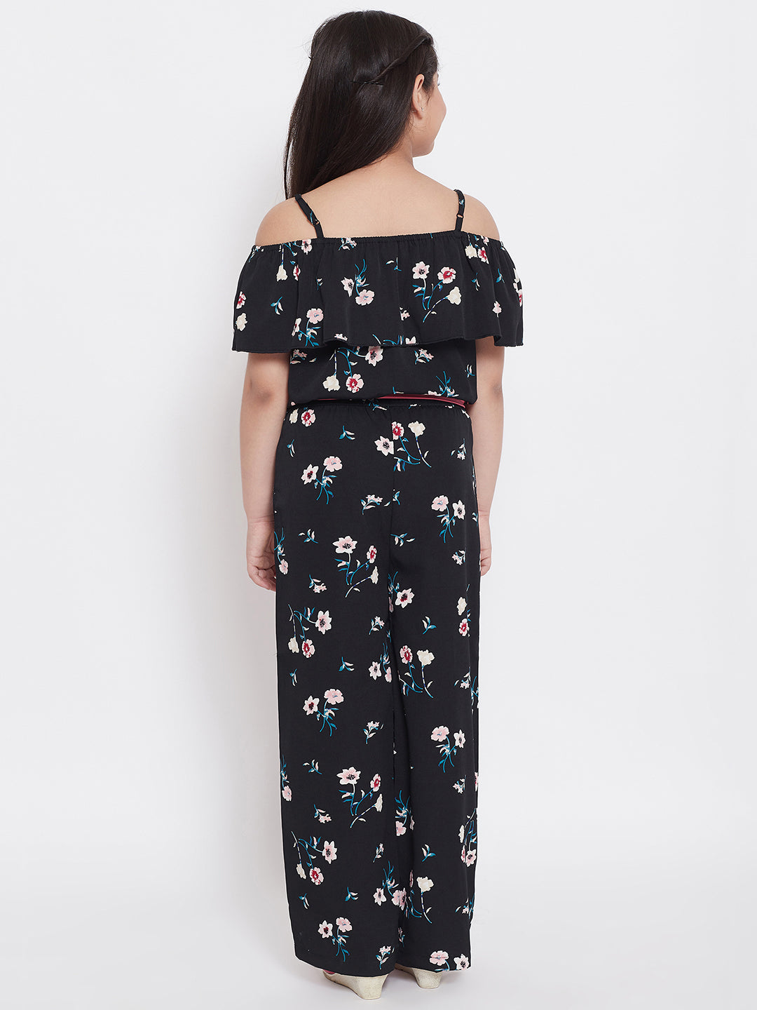 Girls Ankle Length Printed Jumpsuit - Black
